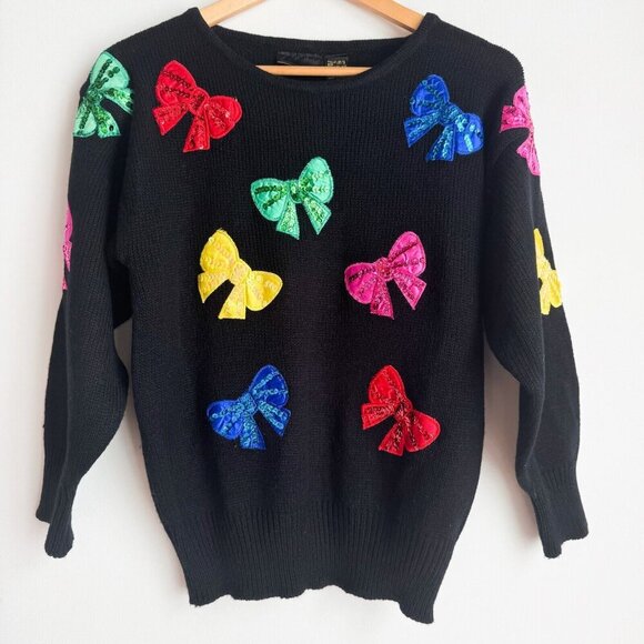 Vintage Smart Set Black Colourful Bow Sequin Holiday Sweater S - Picture 2 of 8